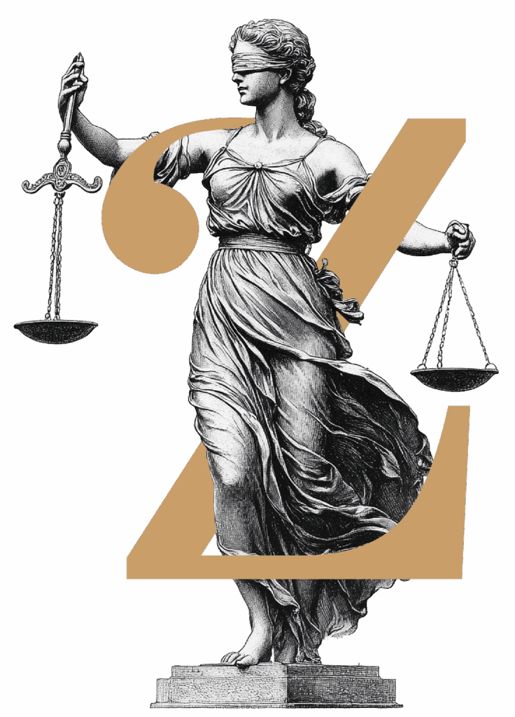 Illustration von Lady Justice mit Schwert und Waage, überlagert von einem goldenen Z auf transparenten Hintergrund – Symbol für Klarheit, Schnelligkeit und Präzision in der Rechtsberatung bei Zettl Rechtsanwaltskanzlei.